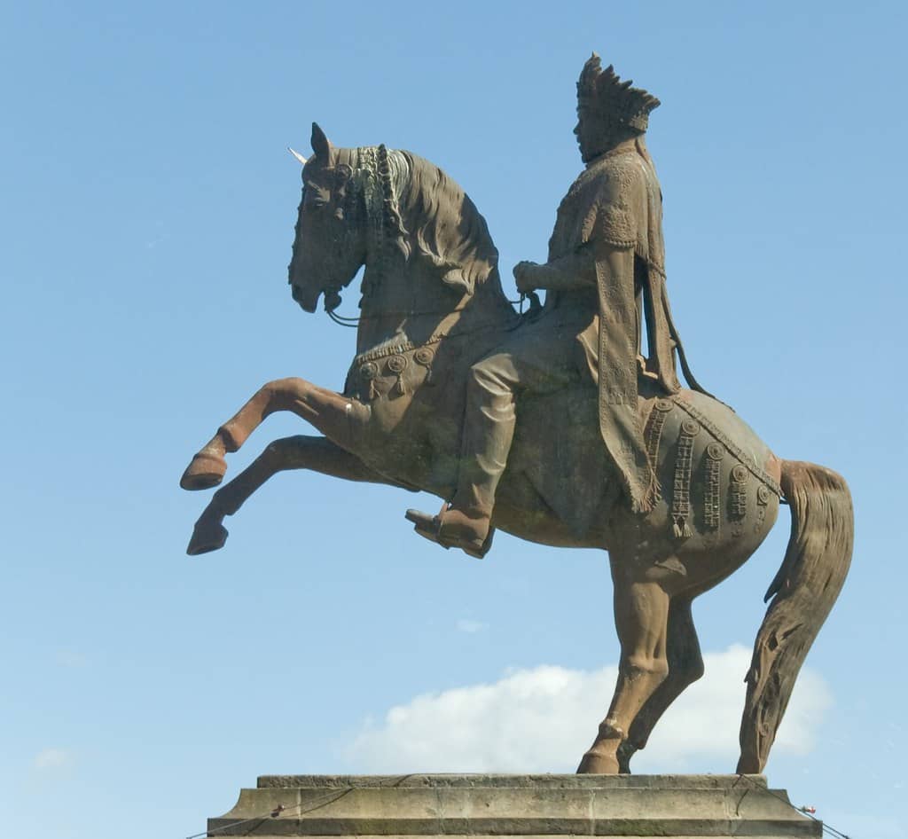 Statue of Emperor Menelik II on horseback.