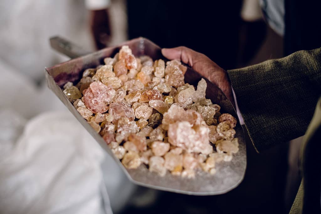 A person holding a tray full of Natural Gum, ready to be served.