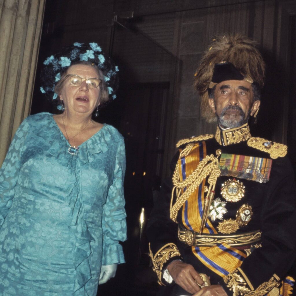 Queen Elizabeth II and the Duke of Edinburgh at the royal wedding of the Queen's nephew, the Duke of Edinburgh, to the Princess of Wales, June 12, 1981, with Haile Selassie.