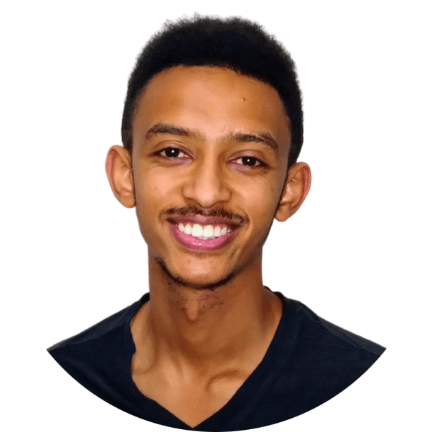 Noah Mohamed, a young man, smiling within a round white circle.
