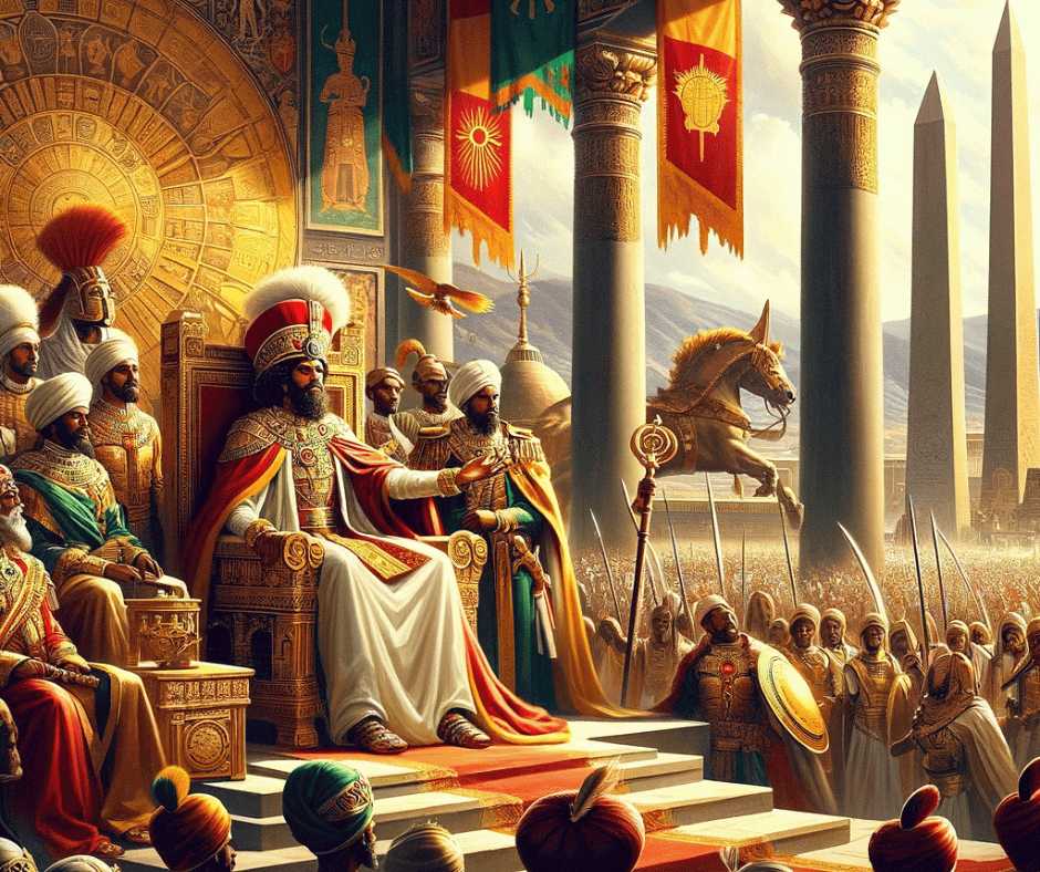 Here is a depiction of the Aksumite Empire showcasing its political and military prowess, with a focus on powerful leaders such as King Ezana. The scene features King Ezana in regal attire, surrounded by his advisors and military commanders, set against a backdrop of Aksumite obelisks, a grand throne, and banners. The image captures an atmosphere of authority and respect, highlighting the empire's grandeur and influence in ancient Africa. The rich colors and detailed imagery emphasize the empire's wealth and cultural sophistication.