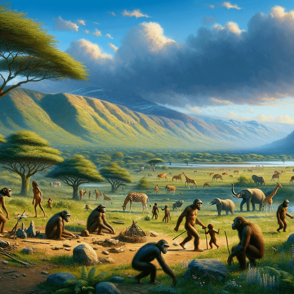 image depicting a Prehistoric Ethiopian landscape in a wider format (1920x1080). It visualizes an ancient African savanna with early hominids and diverse wildlife, capturing the essence of this early cradle of humanity.