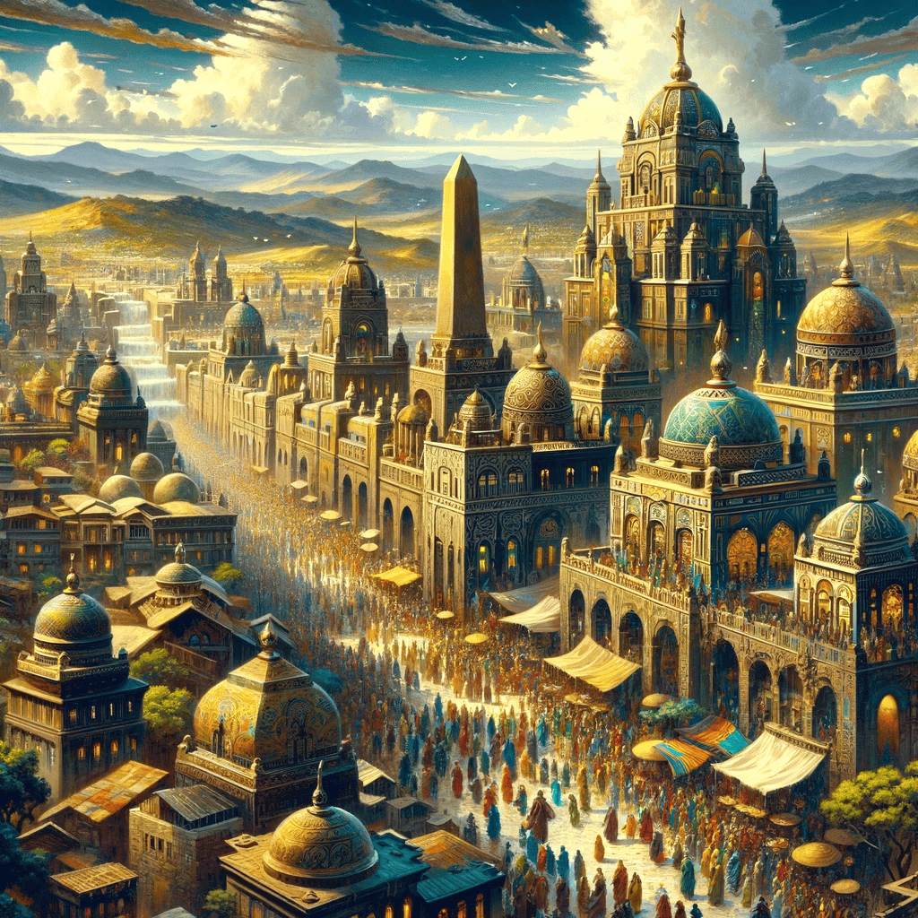 Here's a vibrant portrayal of the Aksumite Empire, showcasing its grand architecture, bustling marketplaces, and rich culture. The image captures the essence of the thriving ancient African empire, with its unique blend of African and Middle Eastern influences.