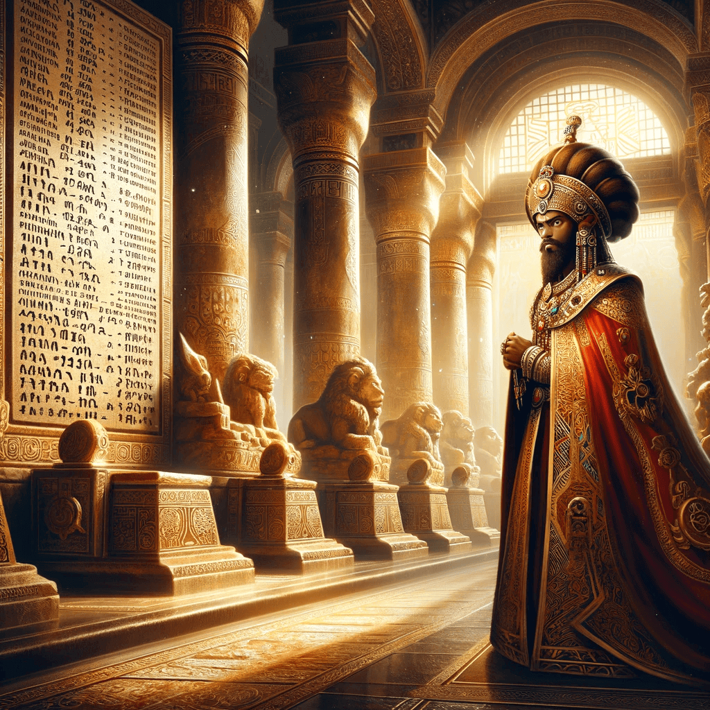 Here is a digital painting depicting the list of kings in the Axumite Empire, focusing on King Zoskales. The scene is set in a grand hall with the names of the kings displayed on an ornate wall or stone tablet. King Zoskales stands prominently in the foreground, dressed in traditional Aksumite attire, complete with intricate jewelry and a royal headdress. The background features elements of the empire's rich cultural and architectural heritage, detailed carvings, and artworks reflective of the era's style. The warm, majestic lighting accentuates the significance of the kings and their enduring legacy.
