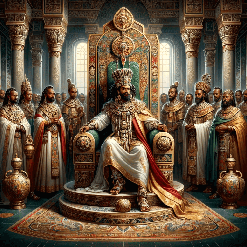 A regal and powerful image of King GDRT, ruler of the Axumite empire. He is depicted sitting on a throne adorned with intricate designs and jewels, surrounded by his loyal subjects.