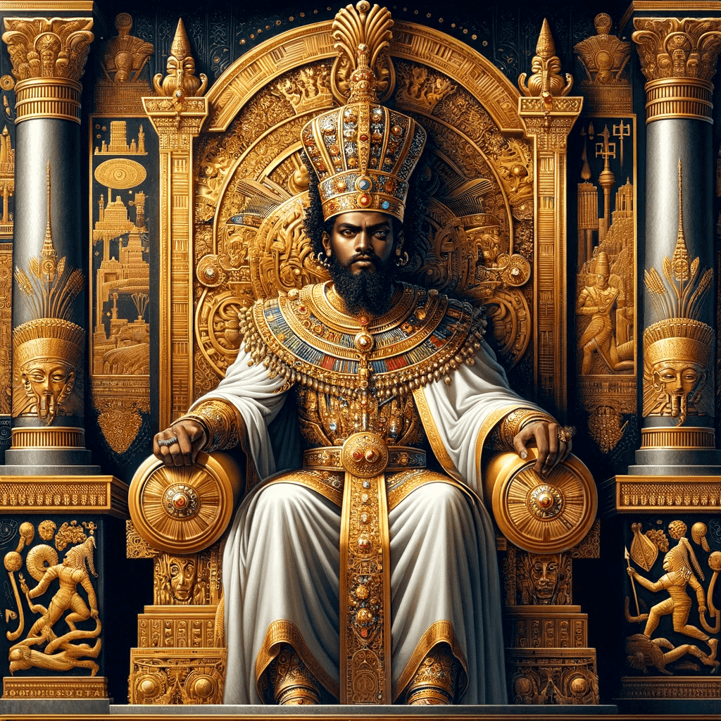 Here is a regal and powerful image of King Endubis, ruler of the ancient Axumite empire, sitting on a throne adorned with intricate gold and jewels, symbolizing the wealth and majesty of the Axumite empire.