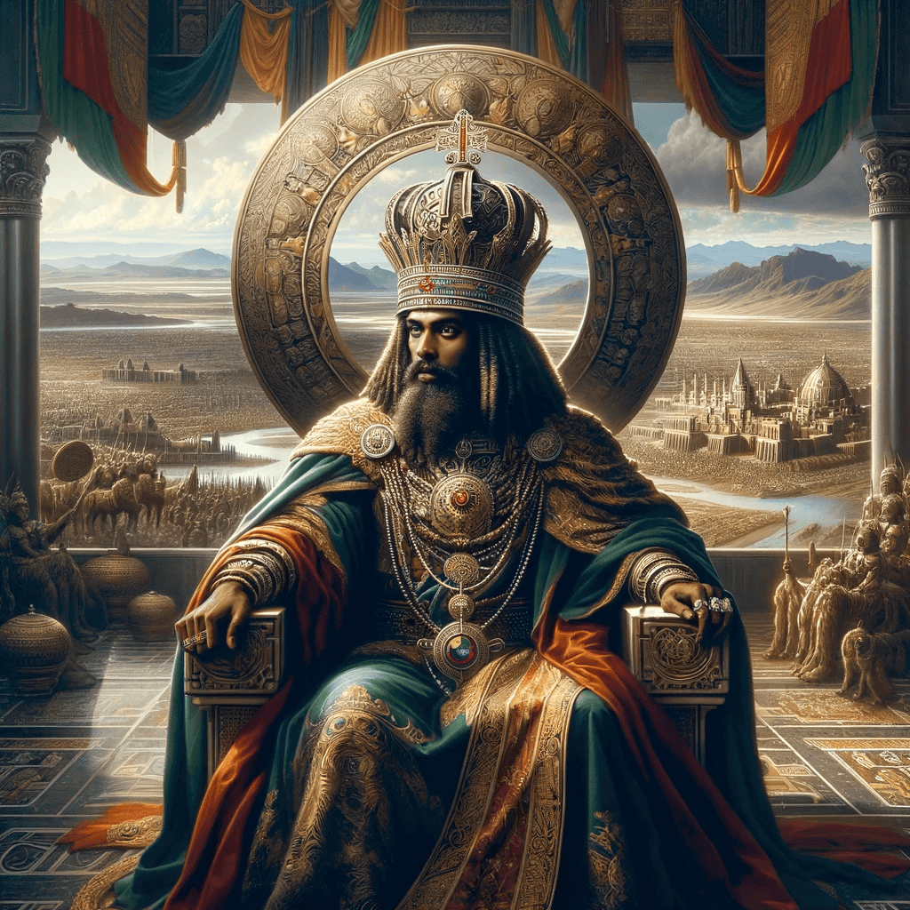 Here is the digital artwork depicting King Ezana, the ruler of the Axumite Empire. The image portrays King Ezana seated majestically on his throne, adorned with an ornate crown, robes, and jewelry, symbolizing the wealth and power of his reign. The background offers a panoramic view of the vast and grand Aksumite empire, highlighting its expansive territories, magnificent architecture, and bustling trade activities, capturing the essence of King Ezana's rule.