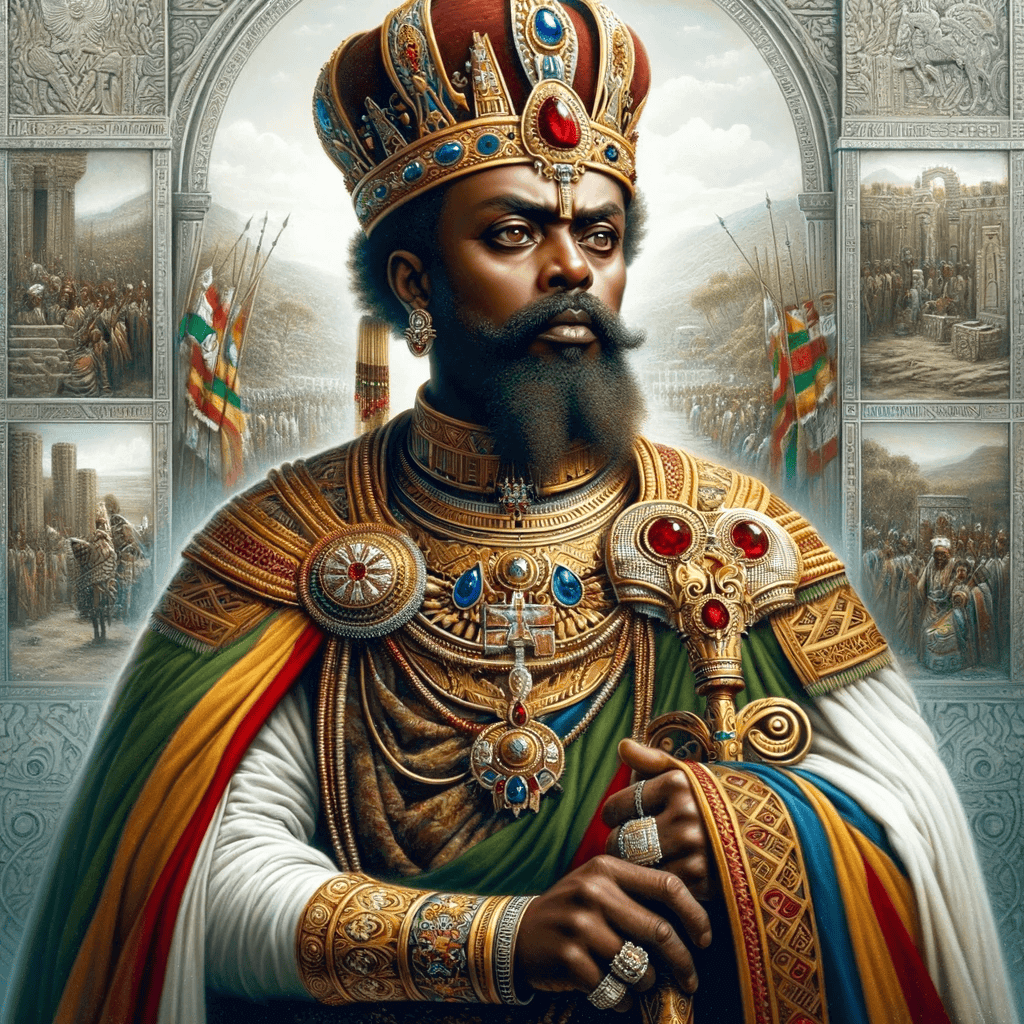 Here is a regal image of King Kaleb, ruler of the Axumite Empire. He is depicted in traditional Ethiopian clothing, adorned with jewels and symbols of power, standing proudly to exude authority and nobility. His clothing is detailed and vibrant, consistent with traditional Ethiopian style. King Kaleb wears a crown and holds a scepter, both embellished with jewels, signifying his royal status. The background subtly incorporates elements of the Axumite Empire's architecture and culture, enhancing the historical context. The artwork blends realism and stylization to capture the grandeur of King Kaleb's era.