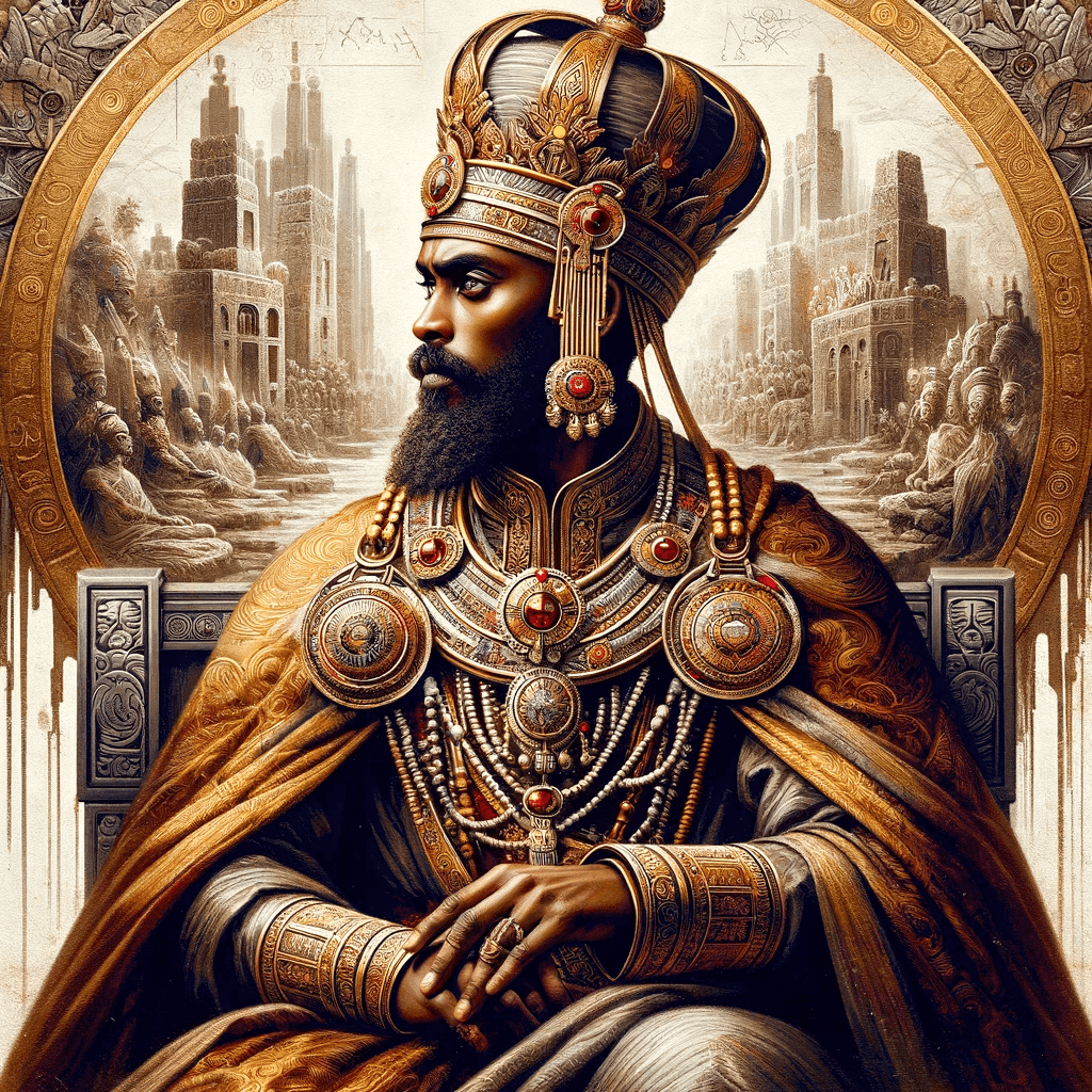 Here is a depiction of King Gebre Meskel, the legendary ruler of the Axumite Empire. This image portrays him in a dignified pose, adorned in richly detailed traditional Ethiopian clothing and royal jewels, with an ornate crown symbolizing his authority and the grandeur of his reign. The background subtly incorporates elements of Axumite architecture and cultural symbols, enhancing the historical ambiance of the artwork.