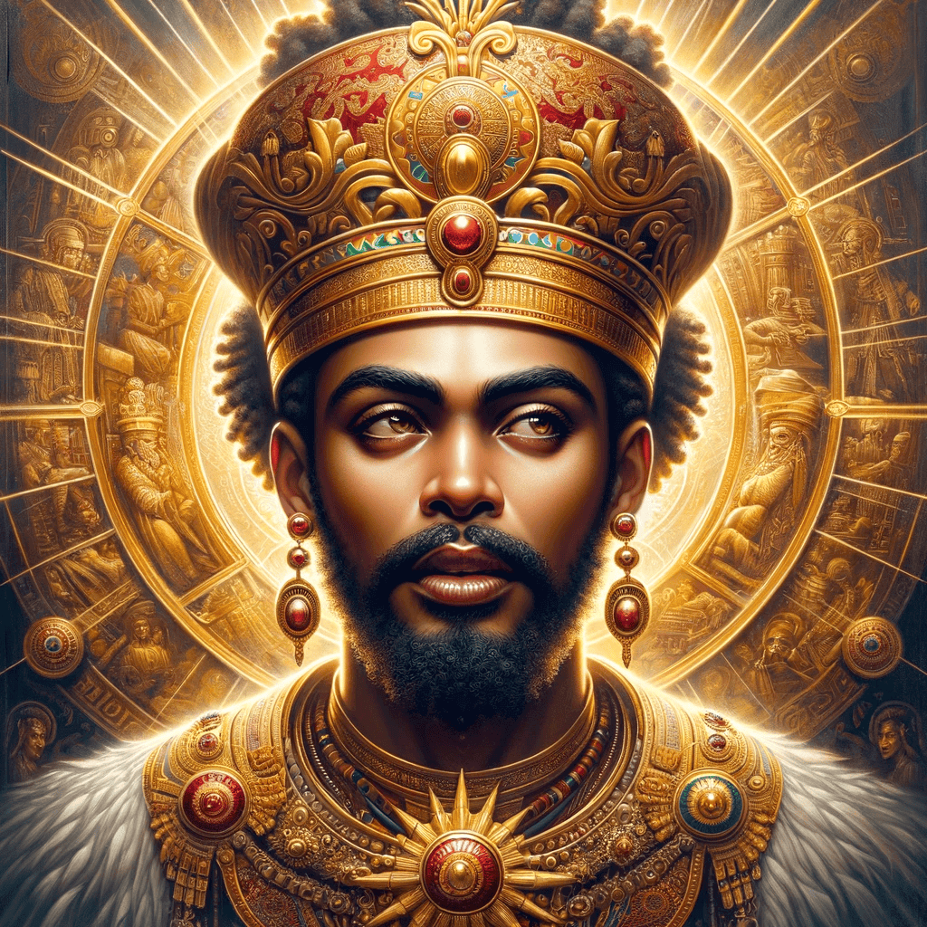Here is the image depicting King Armah, a ruler of the Axumite Empire. The artwork captures his regal and majestic presence, surrounded by a golden aura that symbolizes his power and majesty. The intricate details, including jewelry and a lavish crown, reflect the wealth and grandeur of his reign, while the background subtly incorporates elements of the Axumite empire's rich cultural heritage.