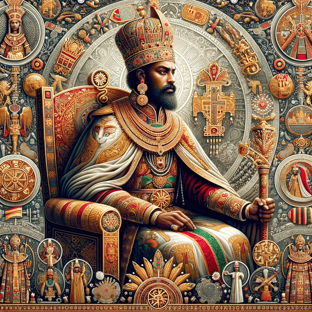 Here is a regal and detailed depiction of King Dil Na'od, a ruler of the Axumite Empire. The image portrays him in a dignified pose, surrounded by intricate symbols and decorations that represent his power and kingdom. This includes traditional Ethiopian motifs, symbols of royalty, and elements that reflect the cultural and historical significance of his reign. The focus on his elaborate attire, featuring rich fabrics and jewelry, set against a backdrop that hints at the grandeur of the Axumite Empire, conveys a sense of authority.