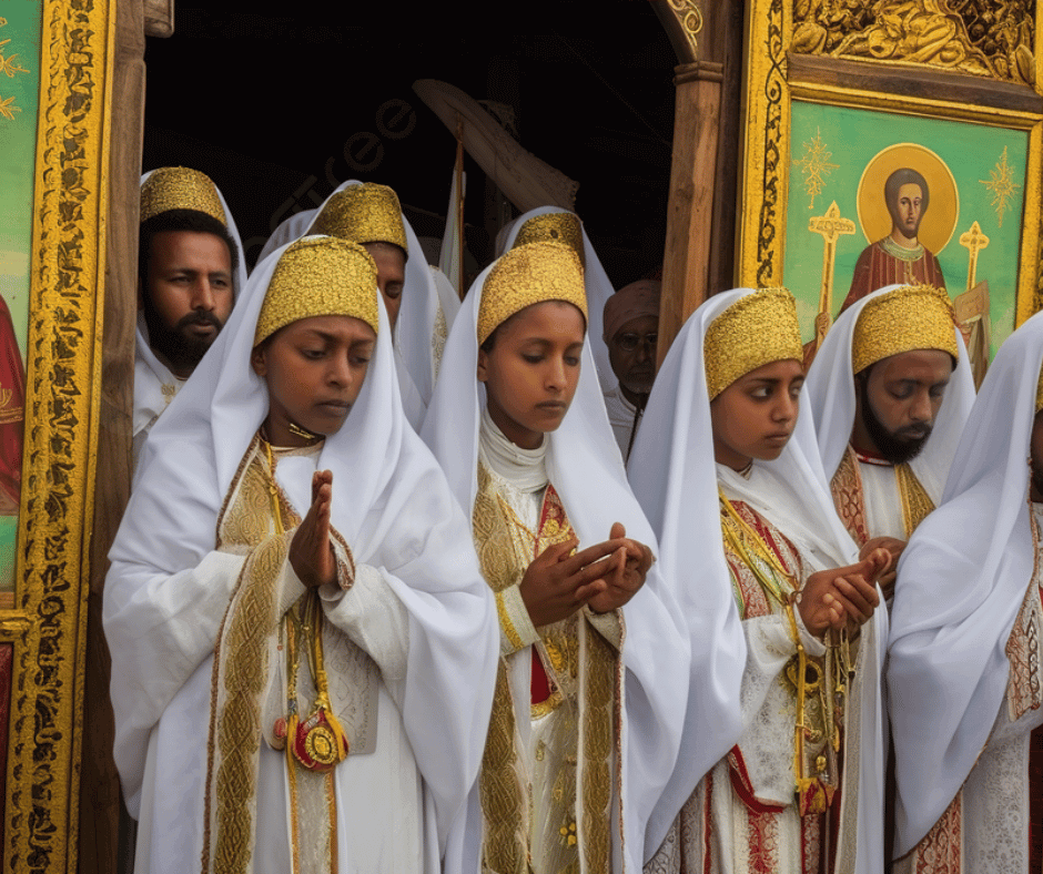 Ethiopian Orthodox Christians praying at the Church of the Holy Cross in Ethiopia, a sacred place for the Ethiopian Orthodox Church.