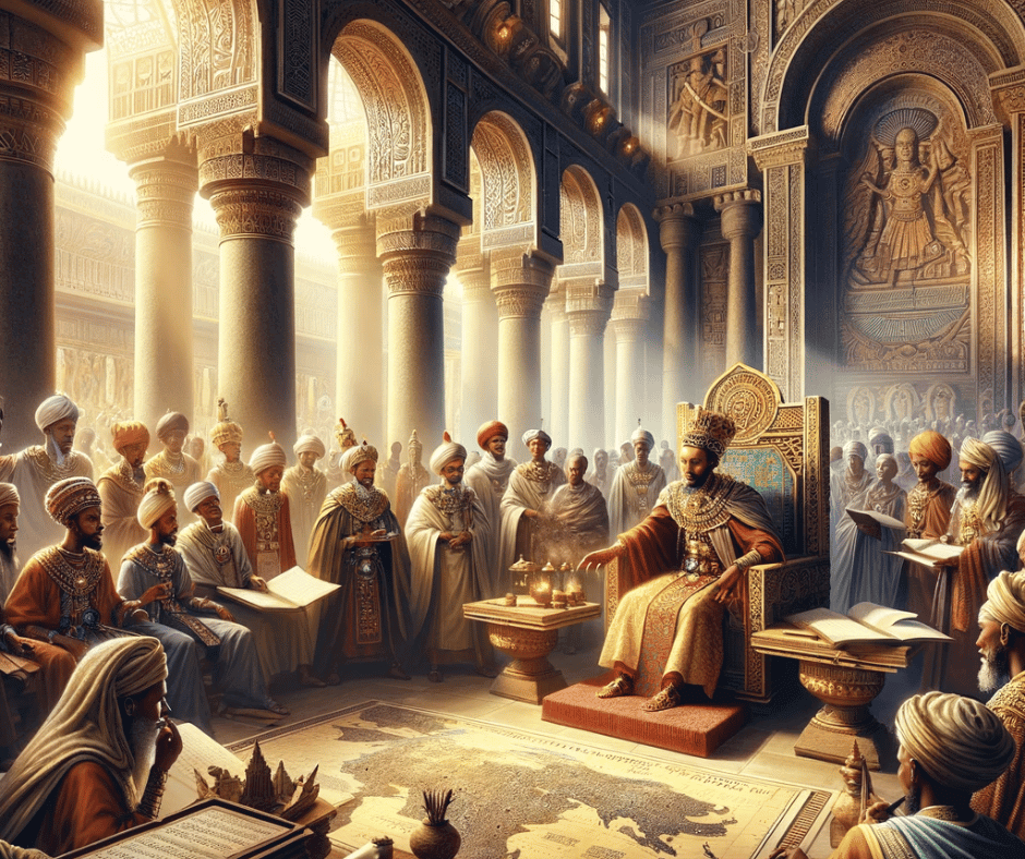 Here is a visual representation of King Ezana's administrative and political achievements in ancient Ethiopia. The scene captures King Ezana in a grand, elaborately decorated hall, surrounded by advisors and scribes, engaged in discussions and planning with a large map of the Aksumite Empire. The setting reflects the advanced administration of his reign, showcasing intricate architectural details, artifacts, and symbols of power and governance. This image embodies the wisdom, authority, and strategic foresight that marked his leadership and the prosperity of the empire during his rule.