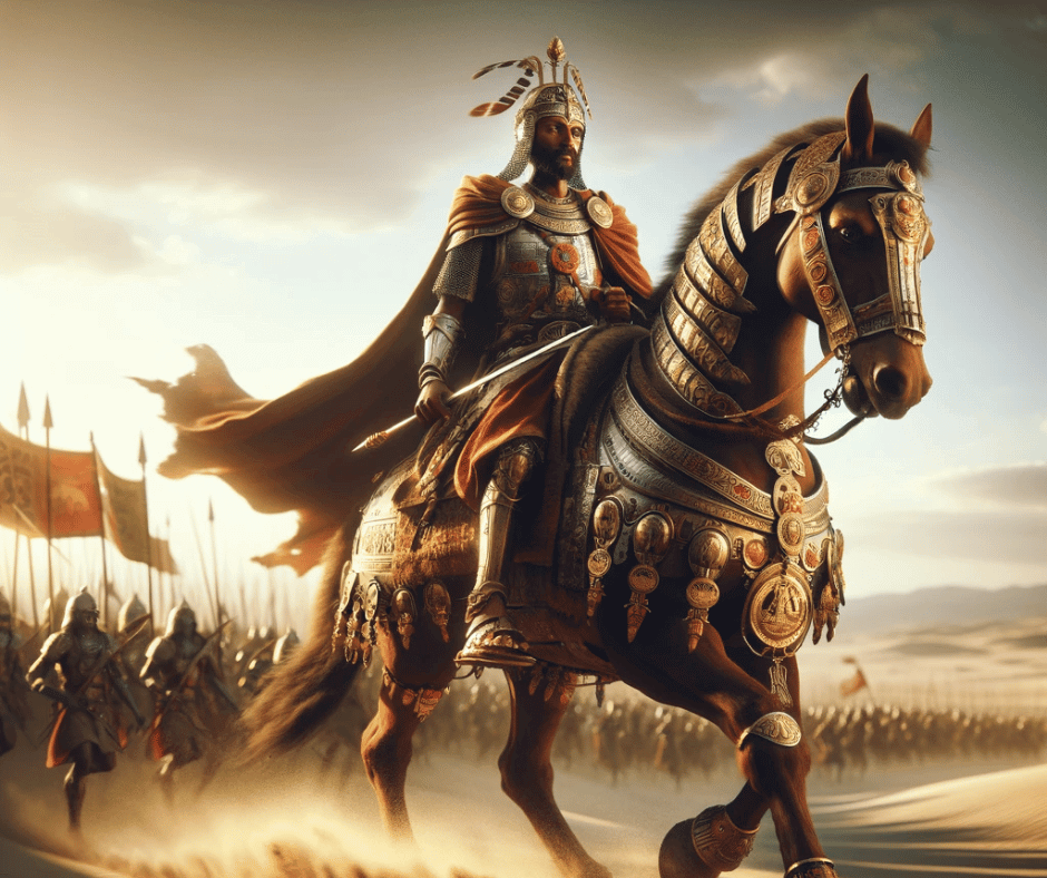 Here is a visual depiction of King Ezana of Axum riding on a majestic warhorse, leading his army into battle in a vast desert landscape. This image captures the grandeur and power of the Axumite Empire, with King Ezana portrayed in a commanding and determined manner.