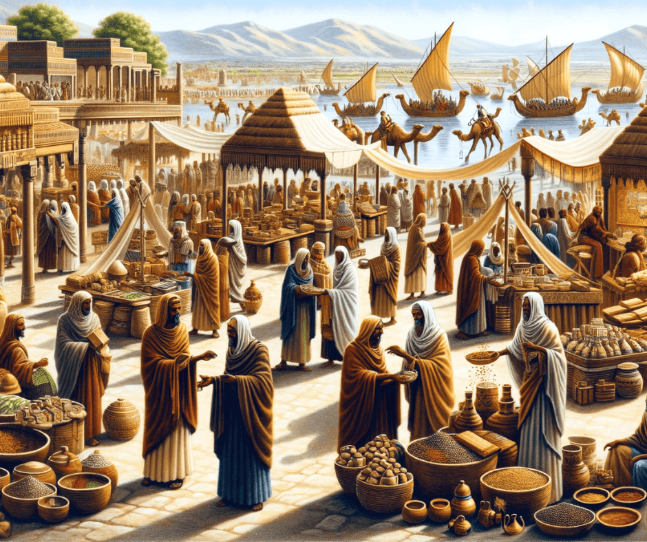 Here is an image depicting the trade and economic structure of the Axumite Empire, showcasing a lively ancient marketplace with merchants and traders. The scene includes stalls with diverse goods, traders in traditional Axumite attire, and symbols of trade routes like camels and ships, conveying the bustling economic activity of the Axumite Empire.