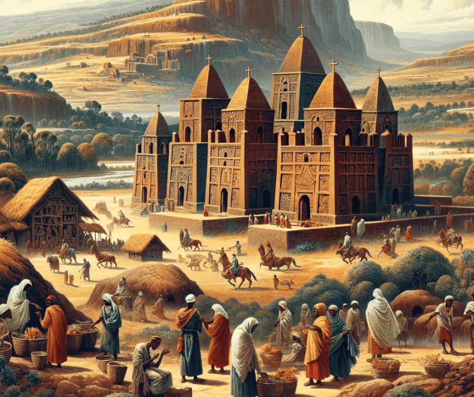 Here is an image depicting the Zagwe Dynasty period in Ethiopian history, featuring the famous rock-hewn churches of Lalibela and people in traditional Ethiopian attire engaging in daily activities, set against a typical Ethiopian landscape.