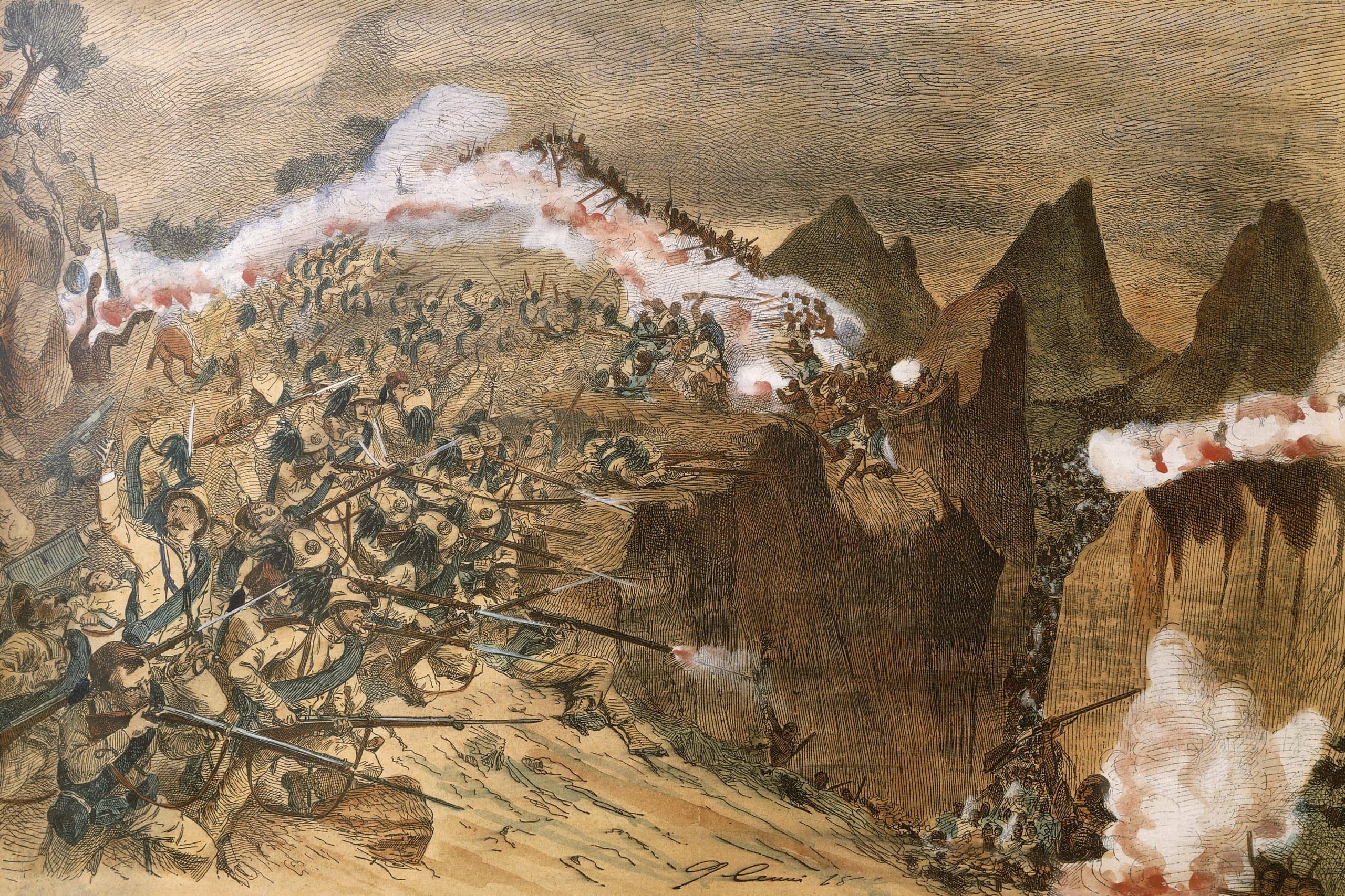 A historic painting capturing a battle scene with soldiers and horses, set against the backdrop of Adwa mountain.