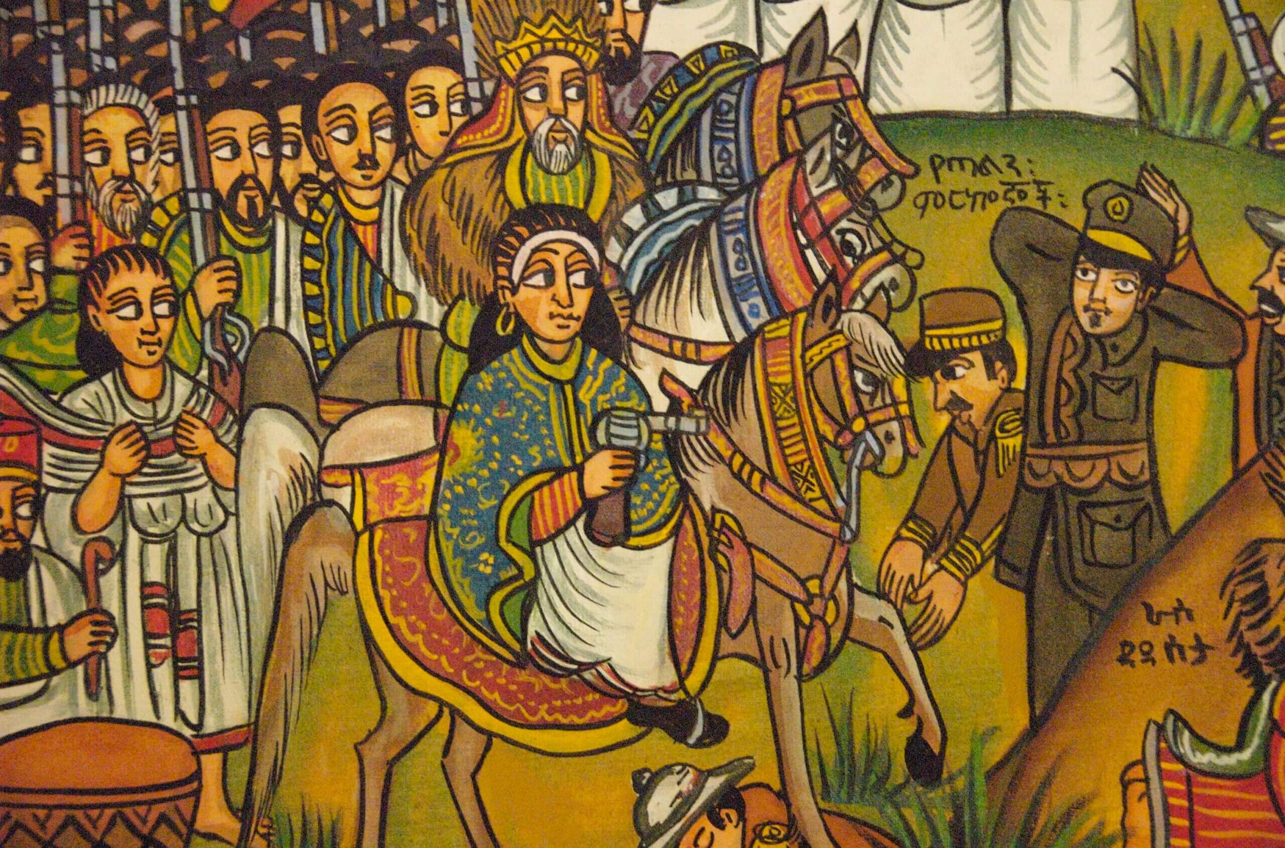 A captivating painting showcasing a group of Ethiopians gracefully riding on horseback.