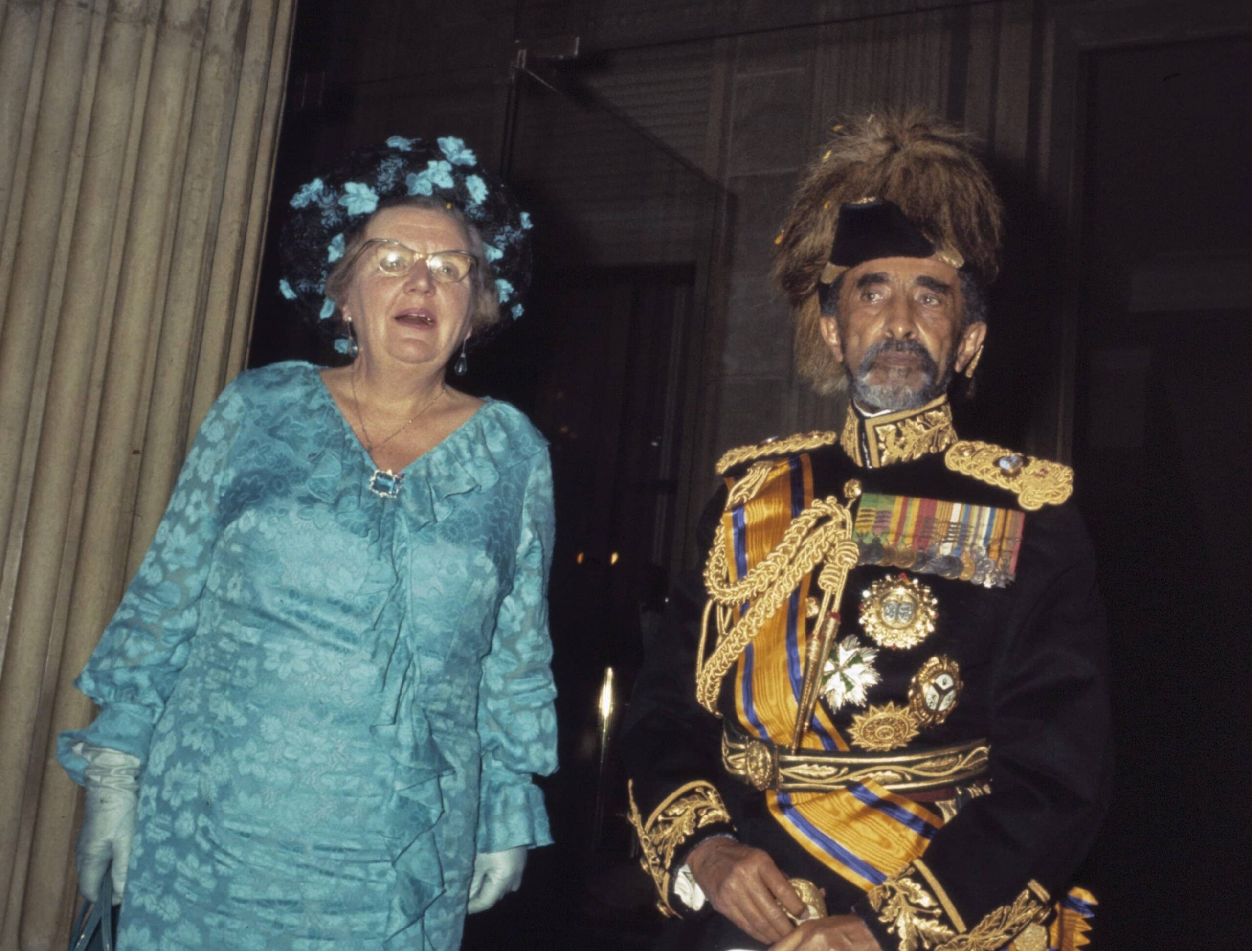 Queen Elizabeth II and the Duke of Edinburgh at the royal wedding of the Queen's nephew, the Duke of Edinburgh, to the Princess of Wales, June 12, 1981, with Haile Selassie.