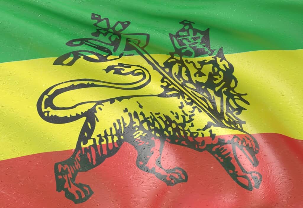 Flag of Ethiopia with a lion emblem.