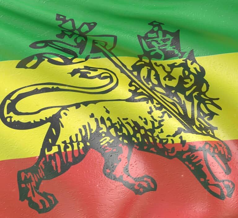 Flag of Ethiopia with a lion emblem.